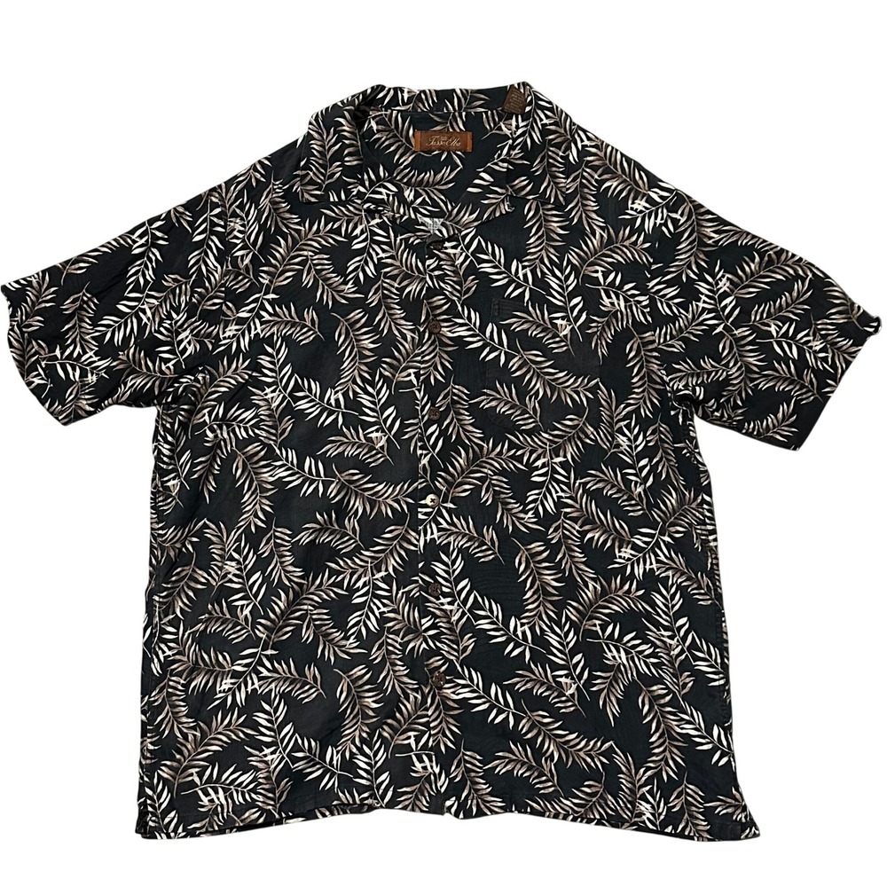 Tasso Elba Mens Short Sleeve Tropical Palm Leaf‎ Button Down Shirt Black Brown L